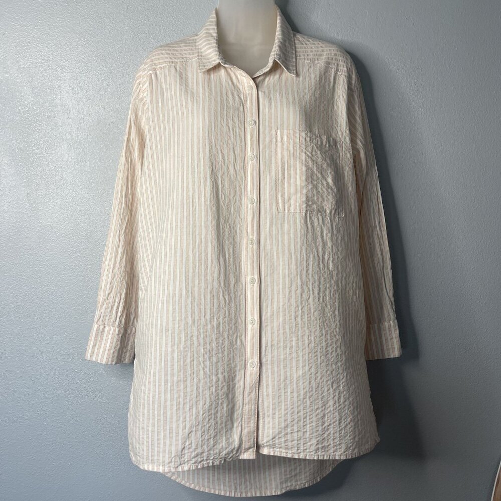 Anthropologie Women Striped Long Sleeve Button Down Shirt Tunic Pink/White SZ M